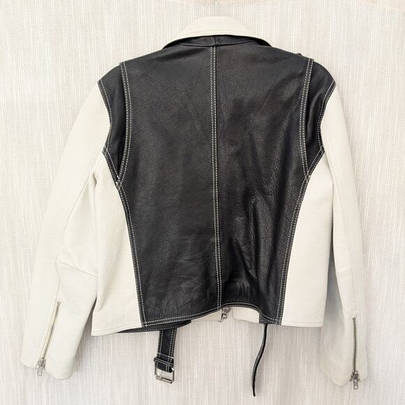 Ganni Black/White Heavy Leather Biker Full Zip Jacket, size EU40/US8-10 - Picture 3 of 11